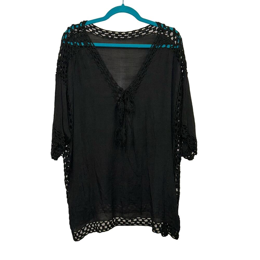 Odiva Black Sheer Crochet Trim Kimono Cover Up One Size Boho Beach Festival